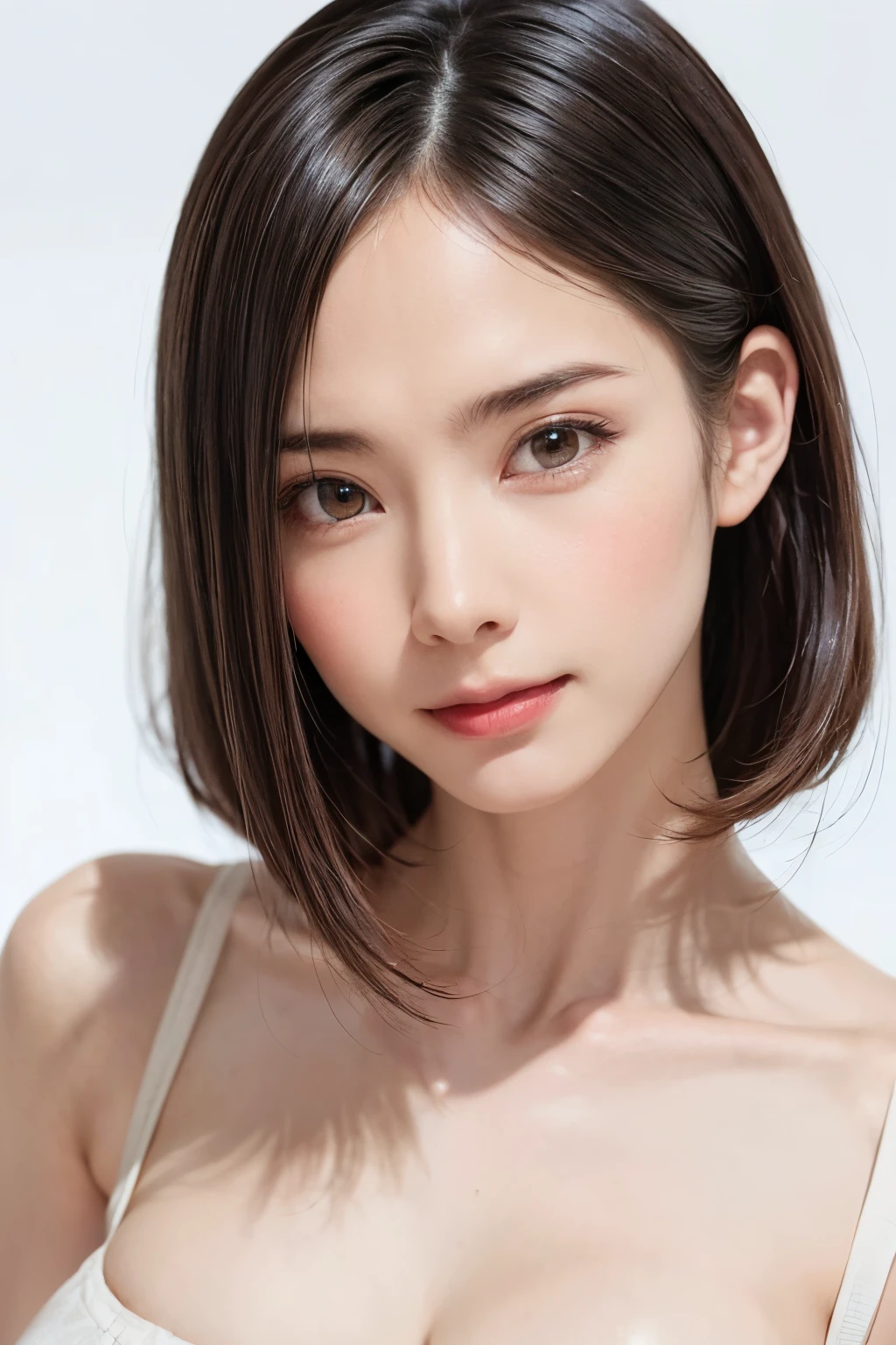 ((masterpiece, top quality, high definition)), 1 girl, (photorealistic: 1.4), solo, white background, snow-white background, mouth closed, happy smile, happy smile, pretty black hair, short hair, big eyes, clear double eyelids, eyelashes, ears out, long neck, long neck, absolute area, ((face close-up)), (drawing all head, shoulders), 19 years old, Attractive proportions, shiny skin, clean collarbone, golden ratio face, perfect face, teardrop mole, mole on chest, bangs, clean bangs, lip gloss, thin lips, pale skin, naked, big breasts, small face, small face, head all drawn, shoulders all drawn, look up at camera