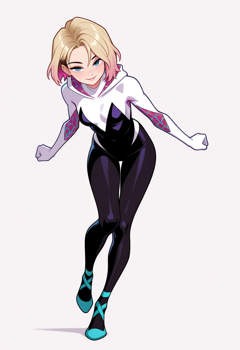Gwen stacy from spider man, blonde, white spider suit, tight suit, cameltoe, standing, uncomfortable smile on face, thick legs,