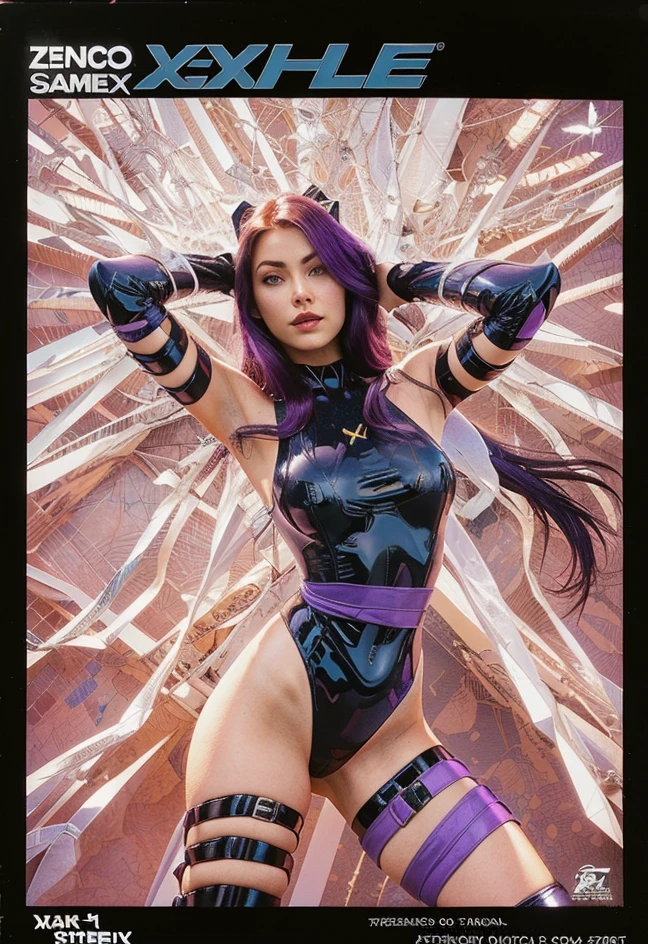 1girl，Gorgeous Hair in Long Purple，Purple one-piece skinny leather coat，Tattooed with，There is a red ribbon at the waist，There is a katana in the left hand，There is a purple energy weapon in his right hand，Hands full breasts, Convex buttocks, Detailed background, Clothing details, perfectly proportioned, filmgrain, Fuji colors, lightand shade contrast, tmasterpiece, high detal, high qulity, A high resolution, Cinematic lighting, 8K, Textured skin, Super detail