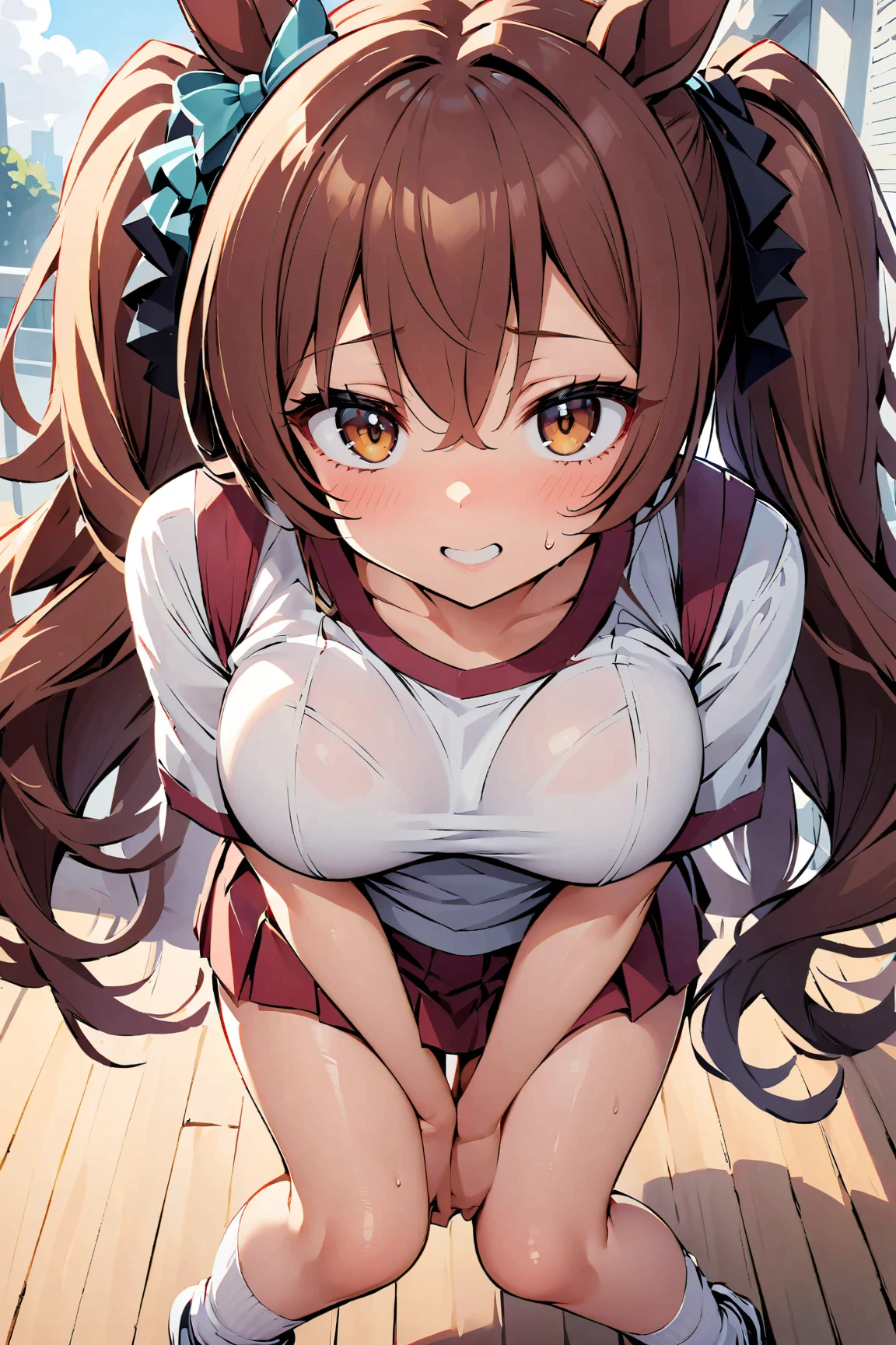 ((NSFW)),Yuuki Asuna, anime style beautiful woman, Best Quality,  ultra-detailliert, 1girl,painful face,m-on-fours,athletic bodies, Long hair, medium breasts, Looking at Viewer, Brown hair, thighs thighs thighs thighs, gloves, Dress, cleavage, Saggy breasts:1.5
