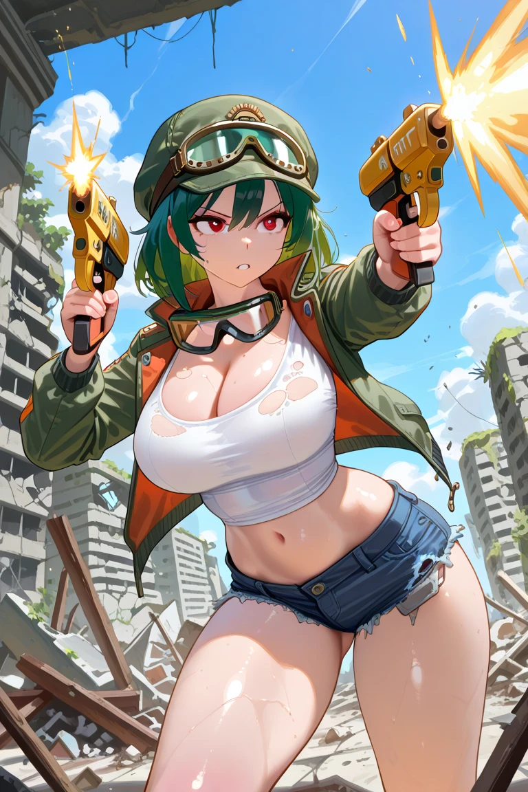 masterpiece,, best quality, highres, 1girl, leona heidern, blue hair, blue eyes, ponytail, green shorts, midriff, crop top, black gloves, breasts, military uniform, green jacket, earrings, jewelry, navel, large breasts, cowboy shot, expressive eyes, perfect face, thick thighs, very wide fat hips, massive fat round ass, massive fat breasts, deep cleavage, big fat chubby belly, weight gain, big fat bloated belly, big fat stuffed belly, force feeding, overeating,
