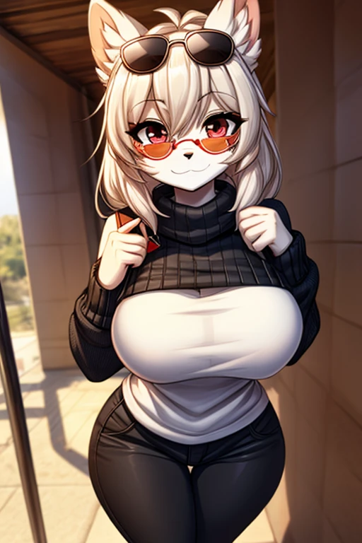 By bebebebebe, by lostgoose, by goonie-san, (by spuydjeks), solo, female, standing, feline, (cat, American cat, detailed eyes), ((snout, hair)), chubby, (dark fur), tan hair, curly hair, dark blue eyes, big breasts, hands behind head, looking at viewer, English city, brown townhouses, standing in the city, (high-waisted black jeans), crop shirt, jacket, ((gucci))