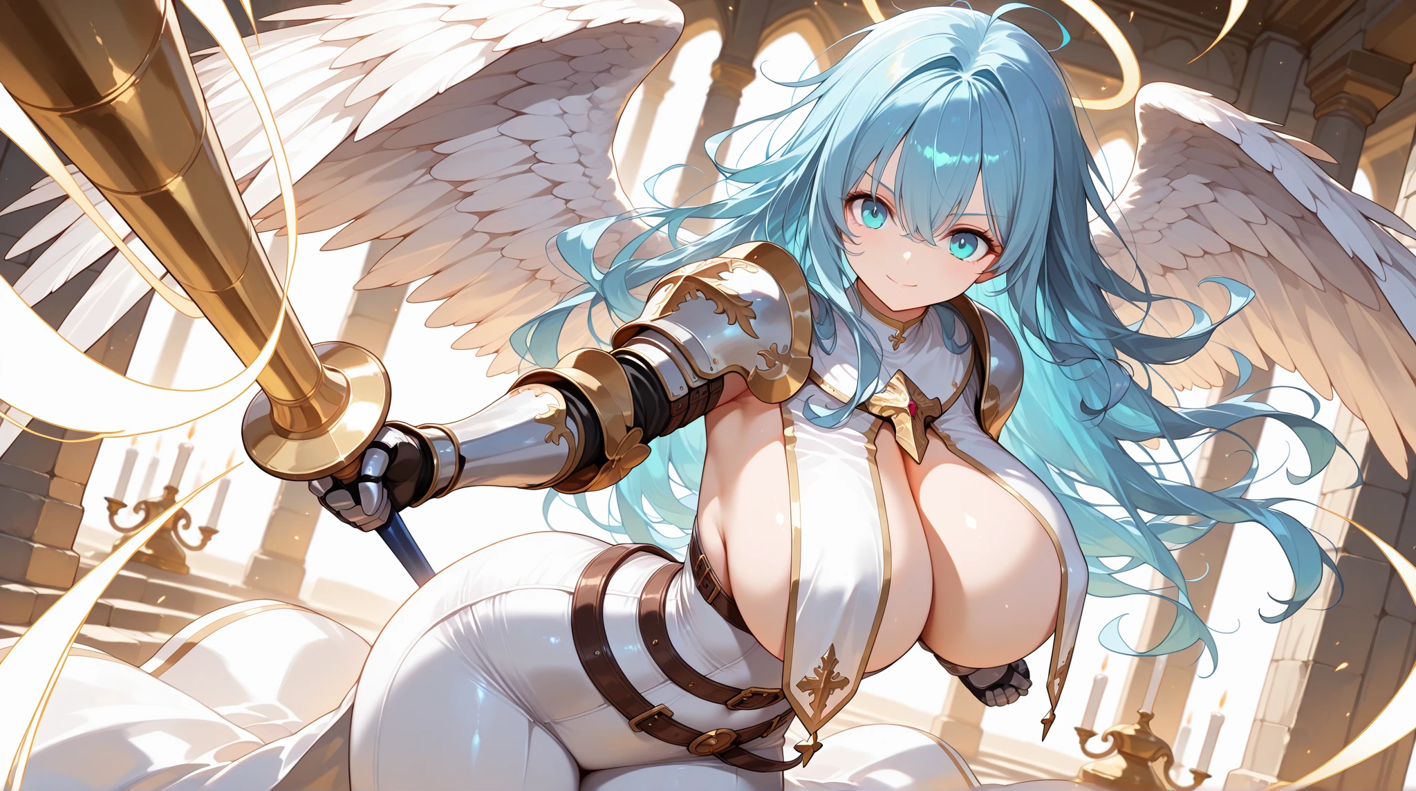 4K,High resolution,One Woman,Harpy,Green Hair,Long Ponytail,Braid,Blue Eyes,Big Breasts,White Wings,Golden toenails,Valkyrie,Female Pope,Goddess Dress,White sacred armor,Winged headgear,Jewelry decoration,Castle in the Sky