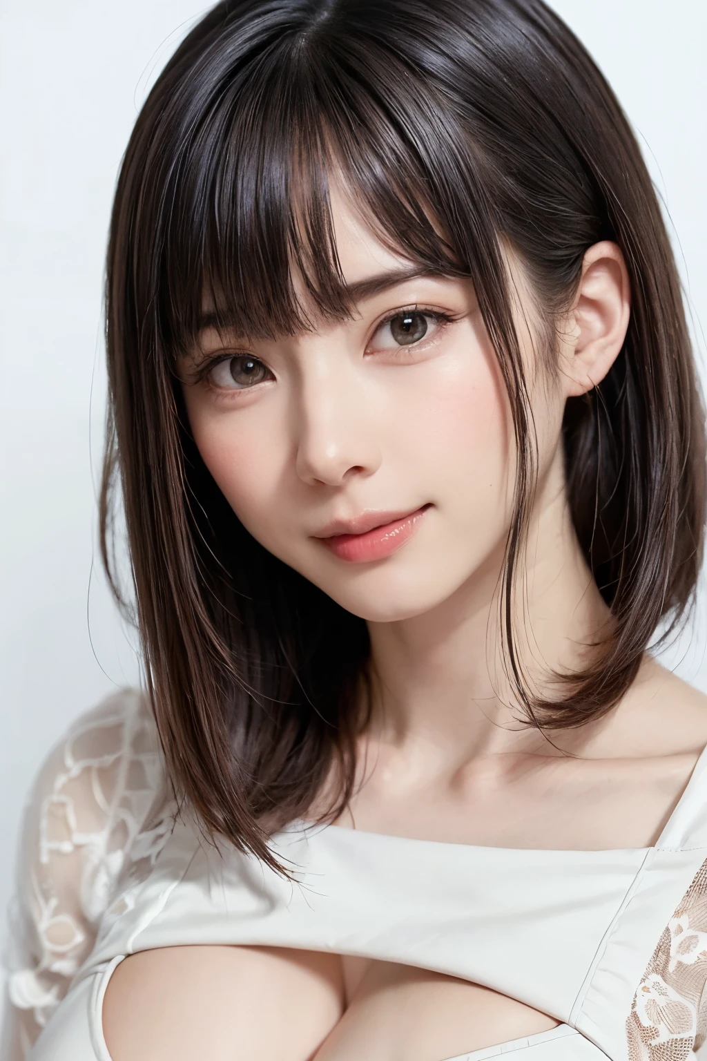 1 girl, alone, Shiny skin, chest, very detaileded, ultra detaileded, Ultra-high resolution, whole body, (Photorealism:1.4), (highest quality), (Best Shadow), Ulzzang-6500, detailed, Perfect lighting, Black Hair, ((Showpiece, highest quality, High precision)), One Girl, (big chest, Realistic: 1.4), (look up at the camera even a little, カメラをlook up, look up, look up at the camera, Looking into the camera))), alone, , White Background, snow-White Background, shut up., smile, pretty Black Hair, short hair:1.6, Big eyes, Transparent double eyelids, eyelash, listen, Long neck, Long neck, Absolute area, ((Face close-up, short hair with bangs)), 19 years old, Attractive proportions, Shiny skin, Beautiful clavicle, Golden ratio face, Perfect Face, Teardrop-shaped mole, chestのほくろ, bangs, clean bangs, beautiful bangs, Lip gloss, Thin lips, White skin, I took off my clothes, big chest, Small face, Small face, 少し上を向いてLooking into the camera, ((smile a little for the camera, really nothing pure White Background, Listen carefully、very big big chest, big chest))