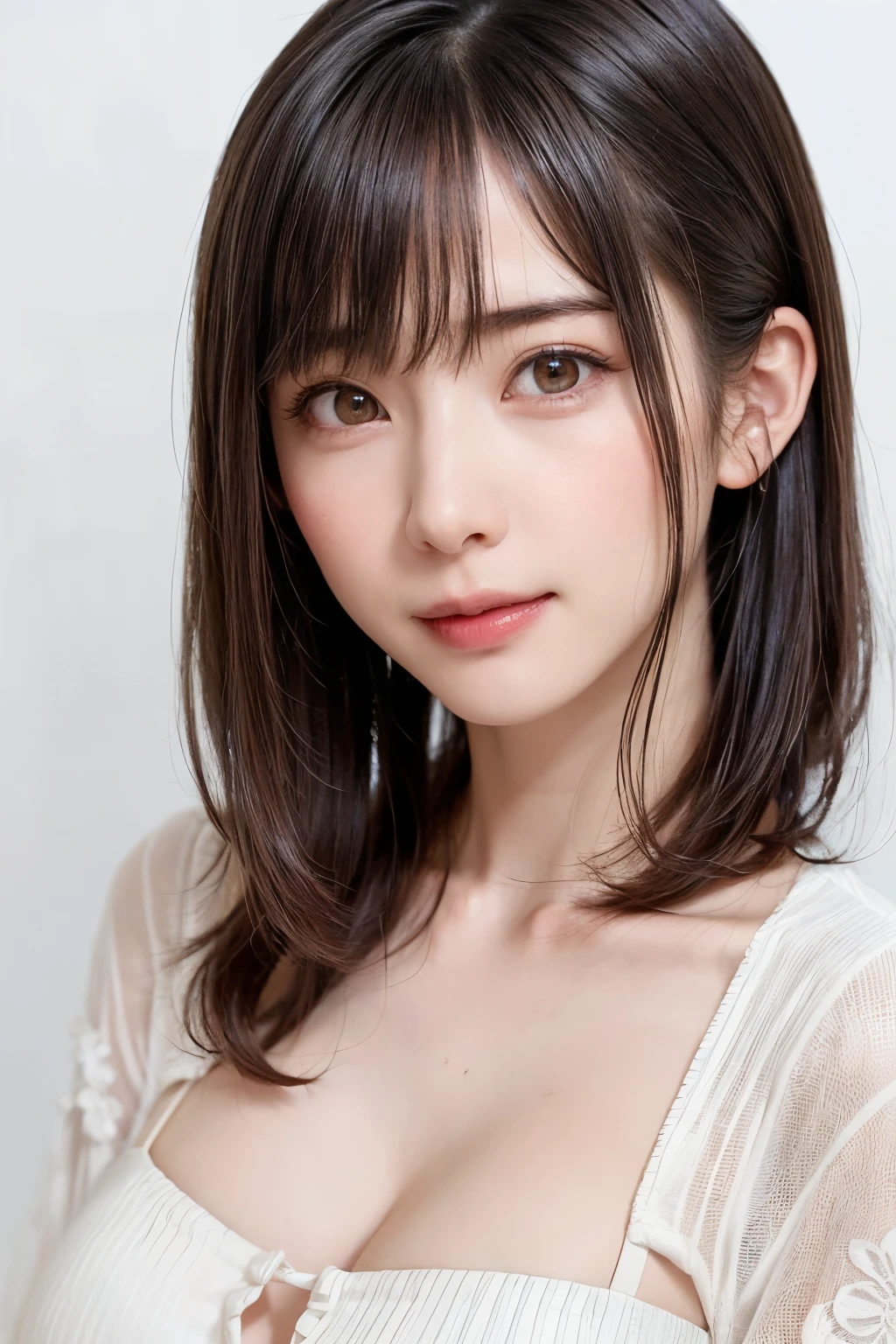 ((Highest quality、8k、masterpiece:1.3))、detailed 女性:1.3、(Medium Hair、Huge breasts:1.8、Cleavage:1.5)、(White Brasher))、超detailed、detailed、eyelid、Tokyo、Tight waist、Big Ass