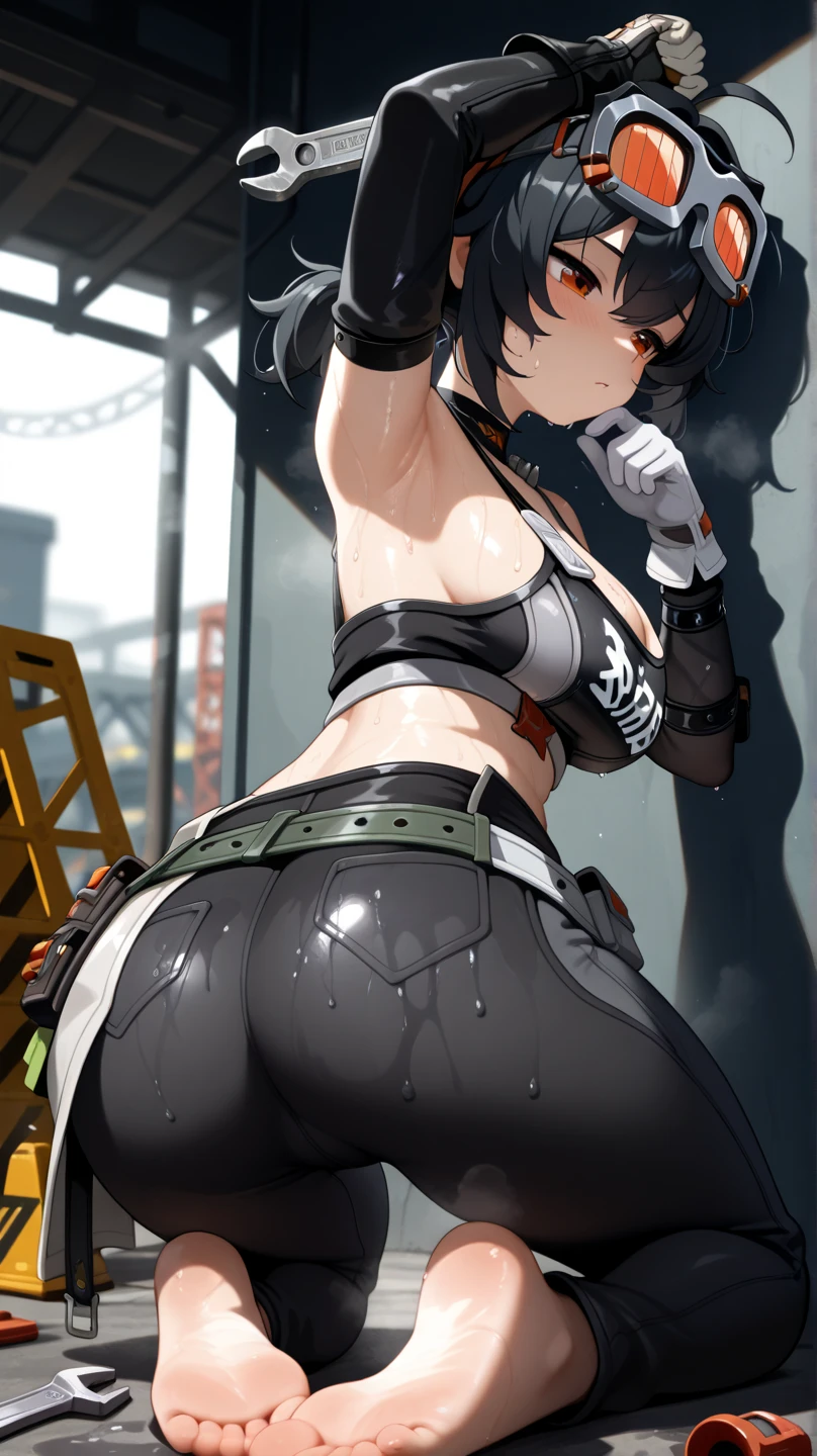 Absurd resolution,high resolution,(masterpiece: 1.4),hyper-detail,fullbody shot head to toe,full frontal camera perspective,solo,shorter,standing straight up,kemono feline cat gynomorph, huge penis bulge, puffy inverted nipple silhouette,no skin other than neck and head shown,utility suit,black hair,messy ponytail,cute face,detailed soft grey luminous eyes,huge massive hyper super swollen heavy milky breasts,breasts so big that cover her whole torso and are bigger than her head while being so big they reach her belly button,extremely super large swollen perky heavy bust,super huge enormously gigantic tits,gigantic breasts stretching/straining out of her outfit looking like they are about to burst out,breasts compressed squishing barely contained in outfit,inflated breasts,breasts_expansion,super gigantic swollen heavy tits,wide full hips,narrower torso and shoulders,smaller torso,narrower waist,full thicc big soft thighs,thicc big full thighs,big rounded full soft butt,thicc butt,ruggedized utility styled outfit,fully insulated suit,full body outfit coverage with no skin showing or revealed,airtight/watertight zippers and seals,scifi monochrome black and grey fullbody covering protective padding rugged loose-fitted pilot utility suit with strategically placed protective padding,white zipped utility cropped top for breasts support with a black strap horizontal across cleavage worn on top of suit,tactical strategic angular-patterned protective padding on hips and thighs and abdomen,practical/functional clothing,weather-proof durable clothing material,nylon clothing material,custom made clothing to fit and support large breasts,scifi padded rugged rigid high collar cropped cutout fitted techwear jacket,armored high collar,white and black triangular decals and techwear iconography on apparel and clothing,techwear gloves,ruggedized tech,ruggedized tech aesthetic,fitted utility pants,utility chaps,near future scifi,cyberpunk aesthetic,anime aesthetic,tactical aesthetic