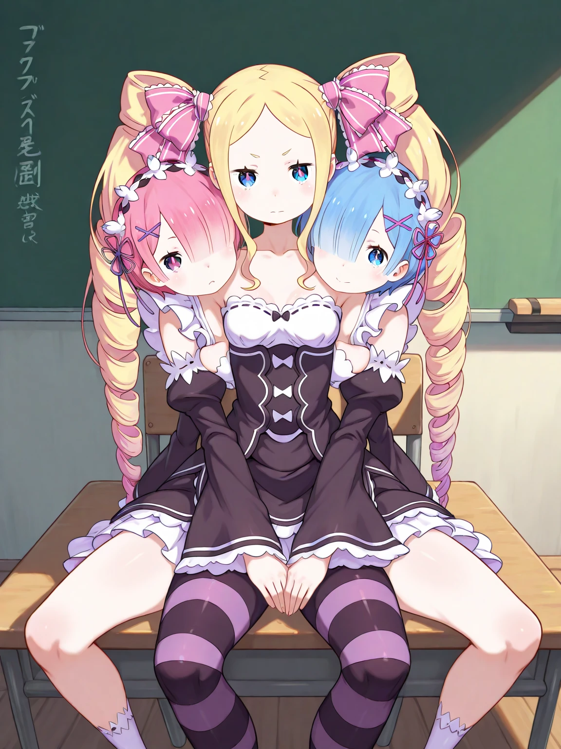 Blue Hair, Twin tails, Hair between the eyes, hair bow, eyebrows visible through hair,{{{{{1boy,Licking a girl's vagina}}}}},