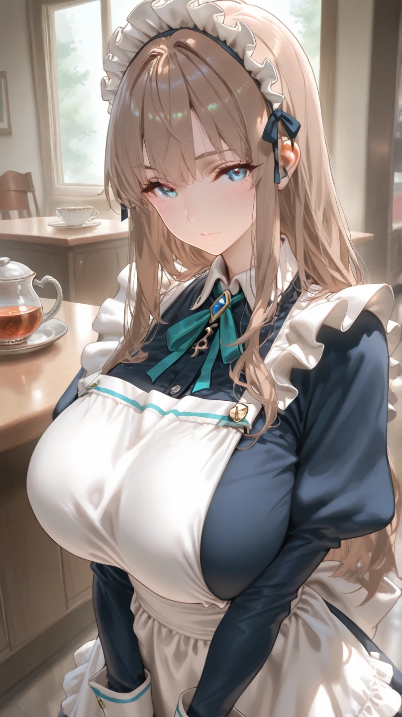 masterpiece, best quality, highly detailed, 1girl, solo, centi \(supreme holiday\), maid, maid headdress, maid apron, cleavage, looking at viewer, <lora:centi_supreme-holidayv2:0.7>