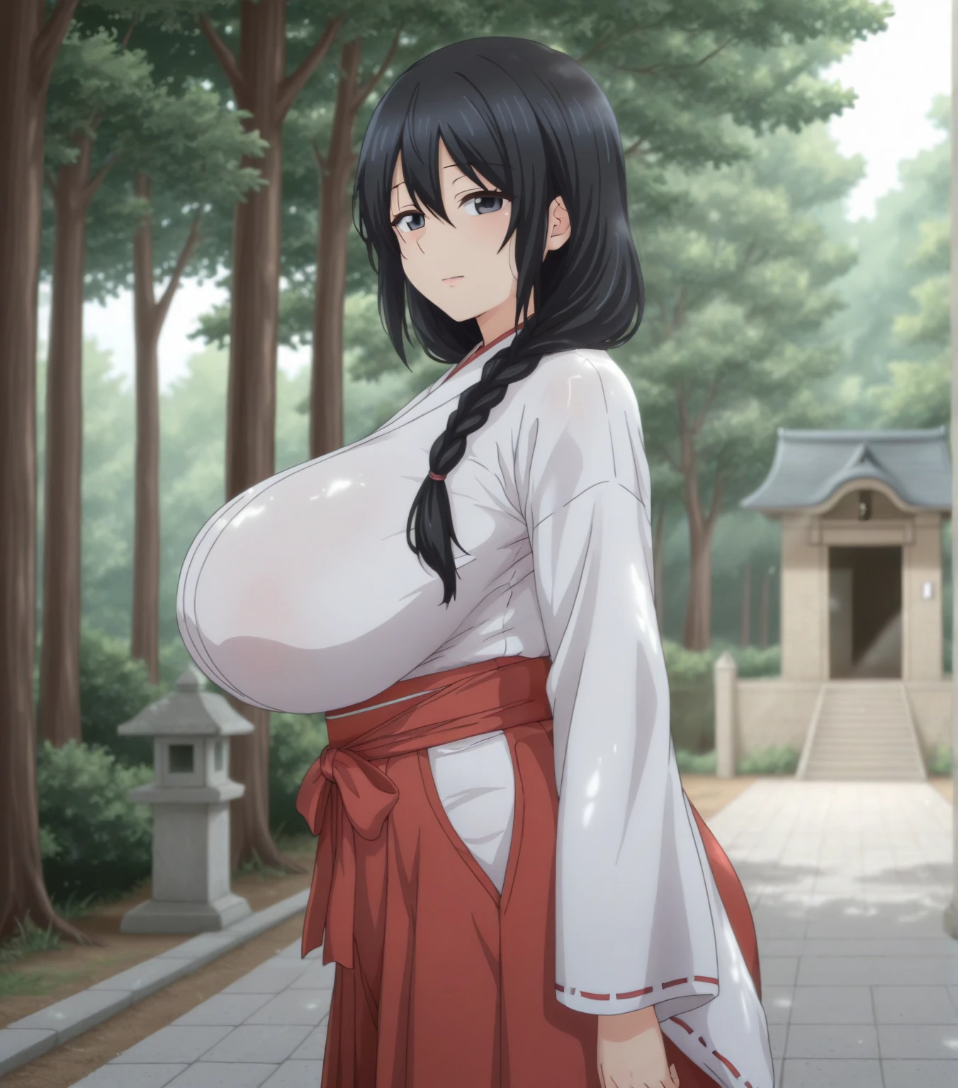 Girl in Priestess Uniform, Kasumi Iwato ,Outfit with open chest, Shoulder-exposing sleeves, Short hakama, smile, looking at viewer, (Huge Breasts:1.4), Inside Japan house, Close-up from the waist up