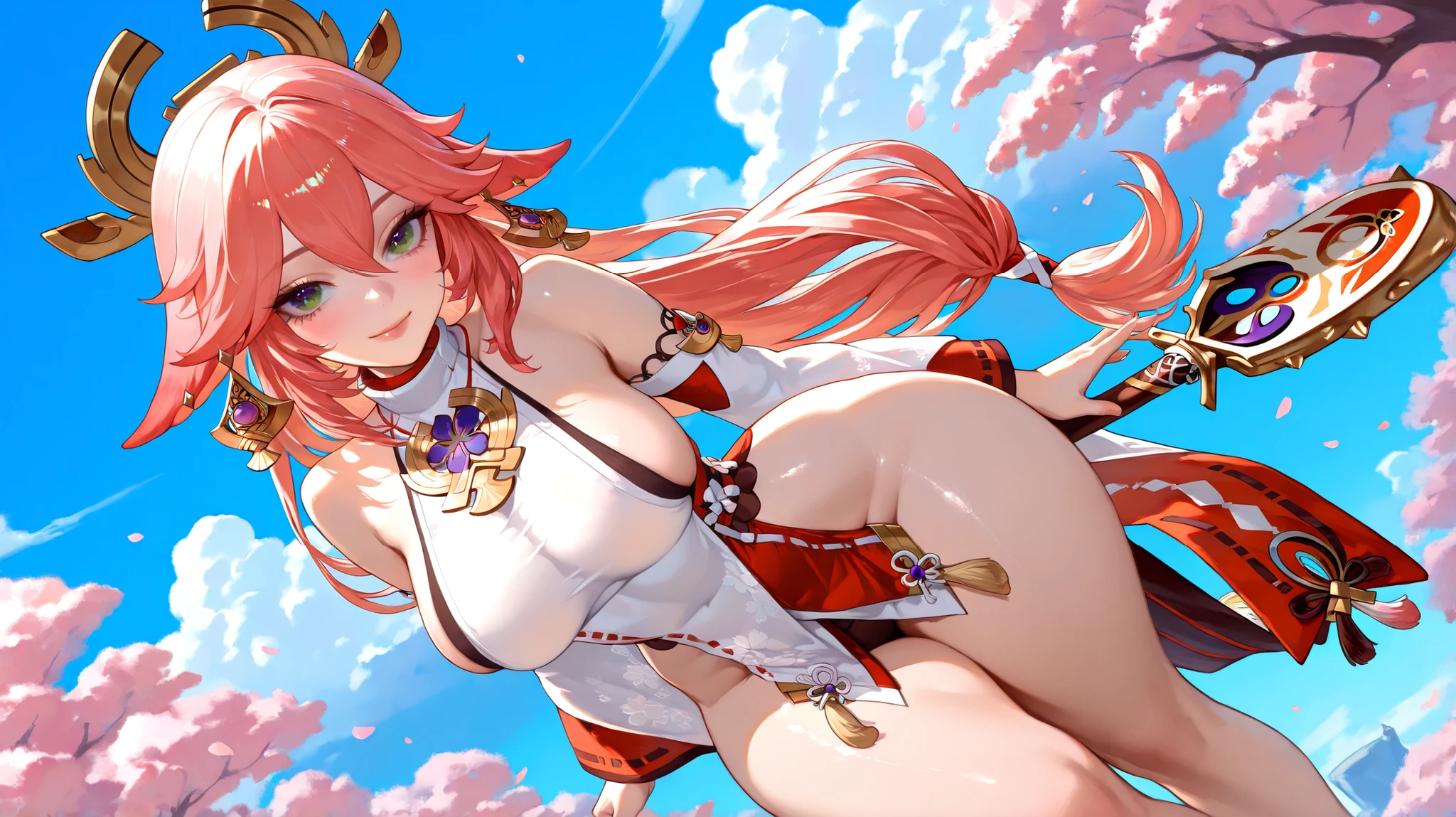 Highly detailed, High Quality, Masterpiece, beautiful, solo, 1girl, ExtraFacesRanni, full body, yae miko, pink eyes, long hair, pink hair, animal ears, ((completely nude)), ((breasts and areolas exposed)), ((vagina and clitoris and vulva exposed)),