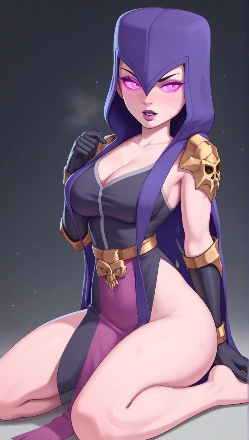 Raven( titans), chubby, thicc waist, large chest, black hair, purple eyes, black skin thigh suit, cleavage, boob window, purple hood, red gem, thicc thighs, purple shoes, magical powers