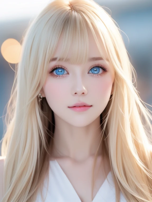Incredibly bright, white, glossy, beautiful skin、Blonde hair color that changes with reflected light、Bangs between the eyes blocking the view、Glossy highlight on cheeks、sexy, very beautiful, lovely, cute, gorgeous face、The most beautiful face in the world、A beautiful girl、Super long blonde hair、smooth, straight hair、Big Breasts, Sparkling bright sky blue eyes、Beautiful bangs、Small Face Beauty、Round face、Very beautiful appearance