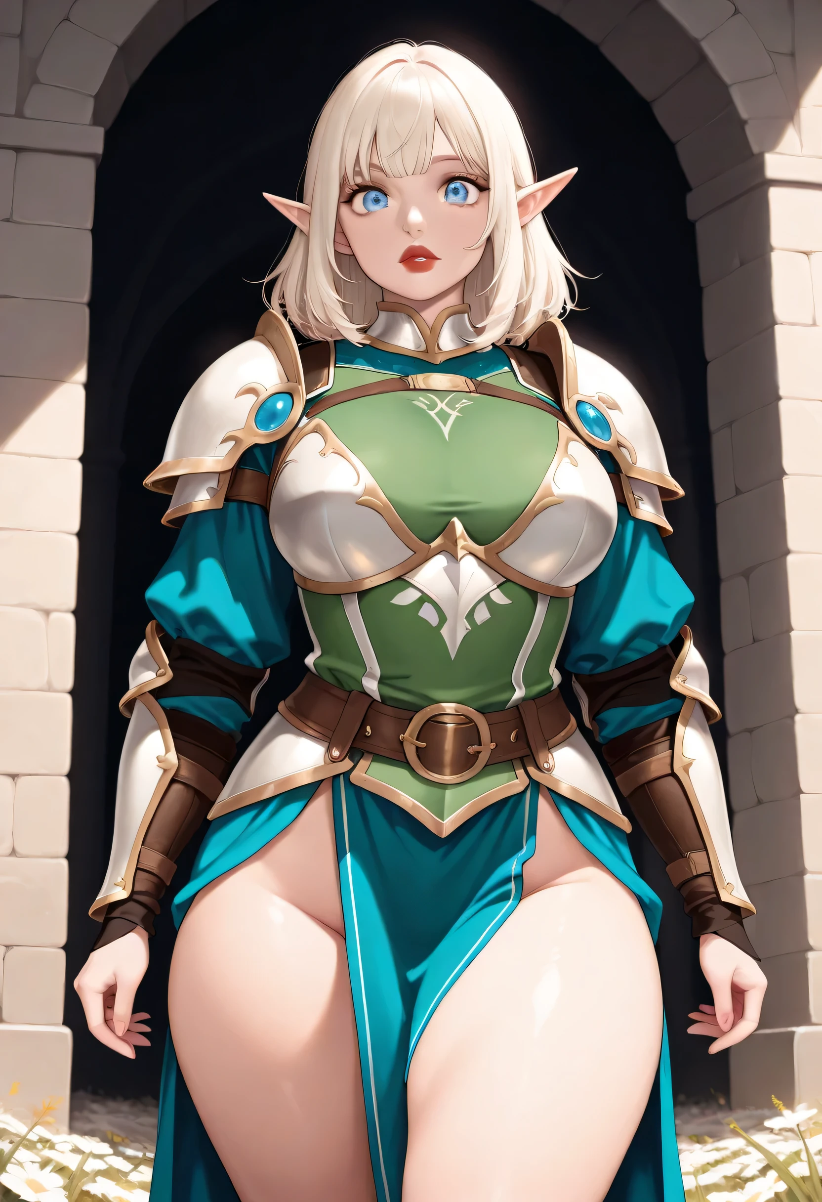 highest quality、Ultra-detailed、Solo、One Woman、elf ears 、blonde、Long-haired、Cleavage，transparent　green clothes、(((High Leg Armor)))、beautiful blue eyes 、curvy,seductive smile,maternal,back viewer,ass,naughty face