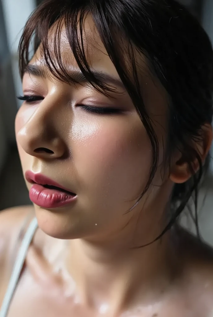 debris flies,award winning photos, very detailed, edge orgasm, woman with open mouth and closed eyes , skin shining with sweat、Illumination that highlights the shine of sweat{{{spread }}}, black hair、NSFW,{{{{A large male audience}}}},(elongated nostrils)、lighting from below、frowning expression