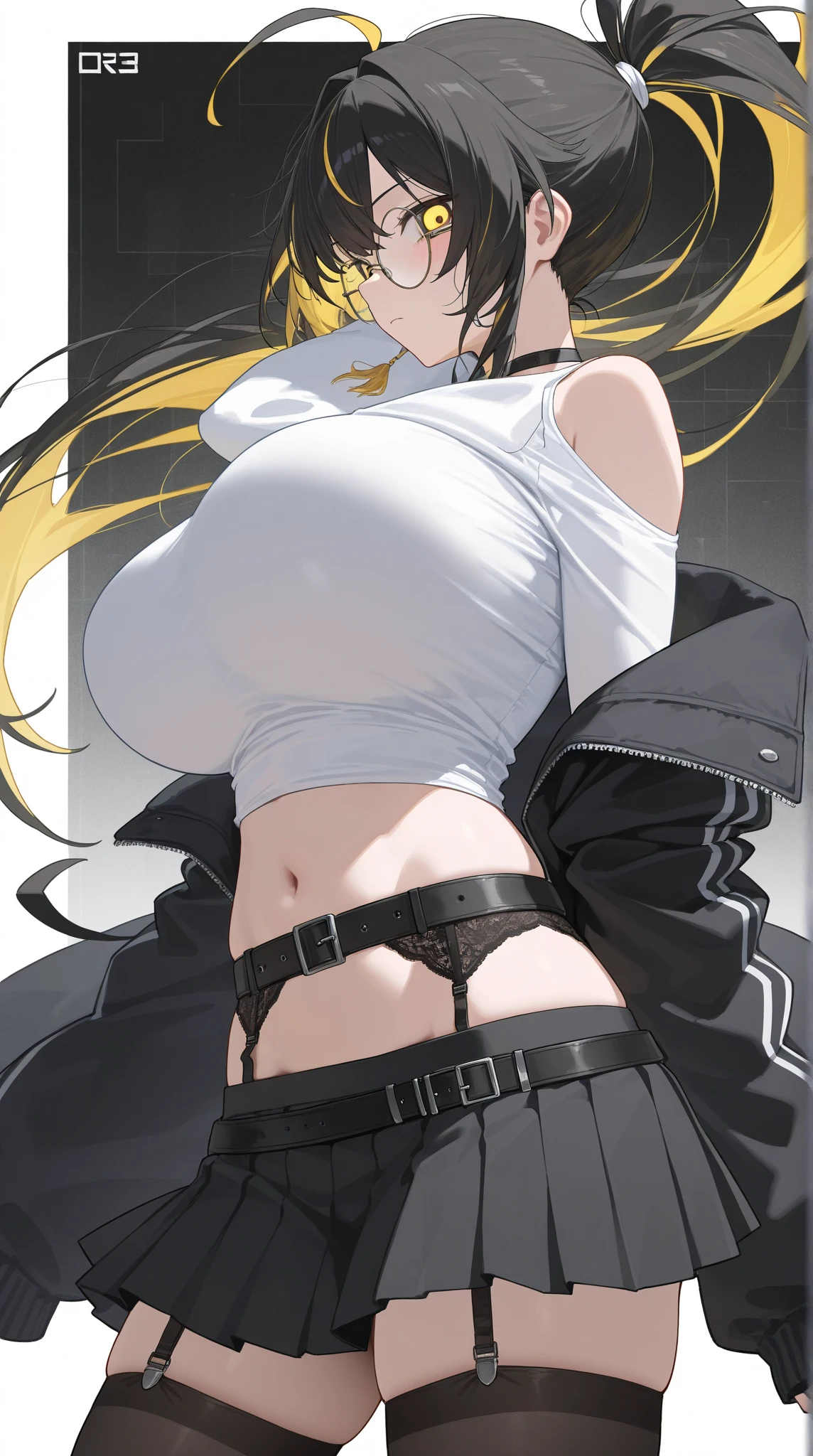 (Masterpiece, Best Quality, Detail, 4k, 8k, higres, High Definition CG, Beautiful Eyes, Beautiful Face, Super Detailed, Intricate Details: 1.2, 8k wallpaper), (Collar: 1.3), 1 Girl, Solo, (Large: 1.2, cleavage), (Posing, Close Up), (Thighs, Thighs, Thighs), (), Policewoman, Black belt, Open wear, Leather jacket, Long brown hair, Police badge, Straps on chest, big rifle, gun, simple background, thigh height, black leather boots, provocative pose, high leg, high leg, high leg race, night, bare breasts, boobs, side boobs, cleavage, police uniform, baseball cap, headset, under boobs, (((Laure Grace)), pull down panties, exposure, dripping juice, (big shiny big tits), white panties,white lace panties, sitting, panty shot, spread legs,white panties, shiny all over the body, blush, sweat all over the body, glossy all over the body,