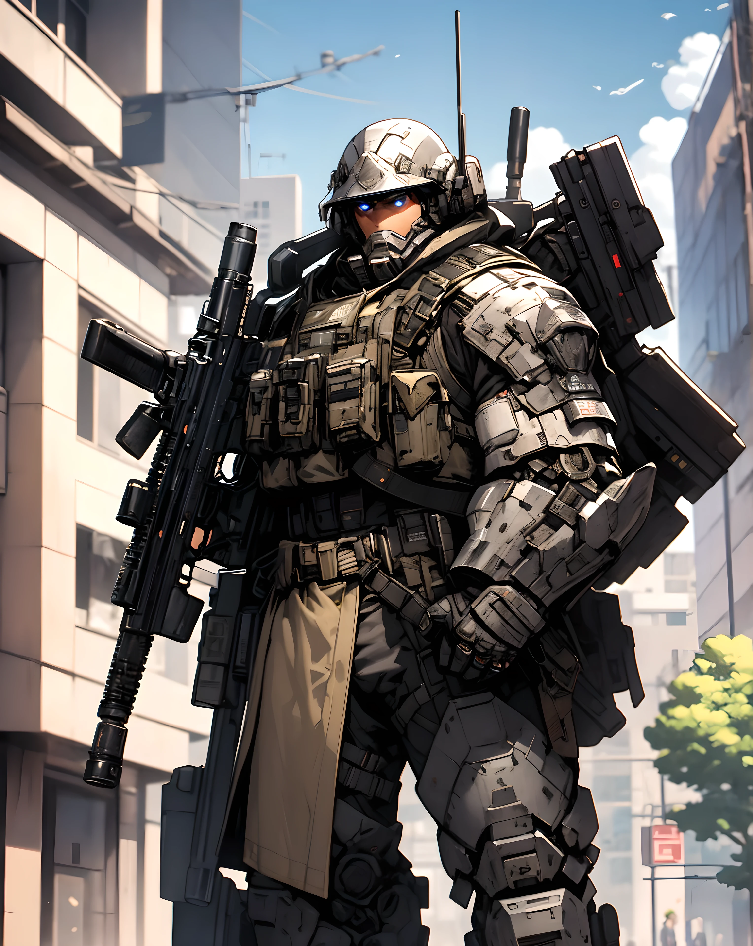 Tight Black Combat Under suit, Steel Blue Advanced Powered Armor with silver accents, Steel Blue Angular Armor Panels, Assault Rifle, standing in a police precinct, by Hariton Pushwagner, best quality, masterpiece, very aesthetic, perfect composition, intricate details, ultra-detailed