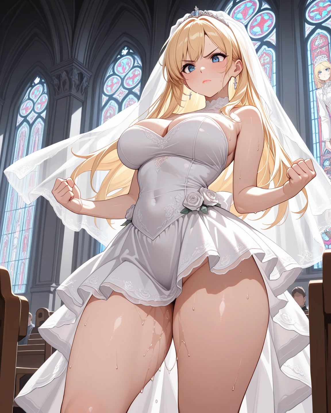score_9, score_8_up, score_7_up, score_6_up, rating:explicit, source_anime, game_cg, 1girl,solo,mature female,large breasts,curvy,shiny skin,oiled skin,shiny clothes,1girl,huge breasts,wid hips,thick thighs,thighhighs,solo,leotard,flower,wedding dress,white thighhighs,gloves,bouquet,cleavage,bridal veil,veil,covered navel,white leotard,looking at viewer,thighs,elbow gloves,white gloves,garter straps,holding,church,highleg leotard,smile,bare shoulders,dress,holding bouquet,bangs,bride,blush,highleg,garter belt,sunlight,cowboy shot,