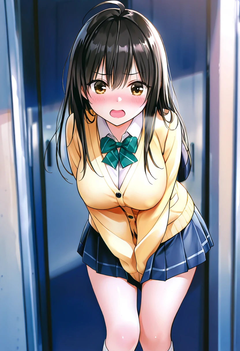 ((solo)), open mouth, hands between legs, standing, bent forward, maximum masterpiece, amazing quality, absurdres extremely, HDR, highles, vivid colors, flawless smooth skin, very cute face, very cute girl, long hair, large breast, ahoge, black hair, yellow cardigan, collared shirt, light green bow tie, pleats skirt, thigh-high socks, embarrassed, blush