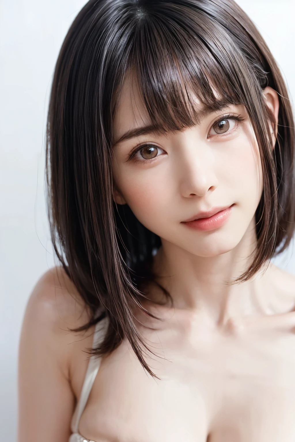 ((masterpiece, Highest quality, High resolution、Realisticですべてが美しく詳細に描かれている)), 1 person, (Realistic: 1.4), alone, White Background, snow-White Background, Mouth closed, smile, smile, Beautiful black hair, short hair, Big eyes, Transparent double eyelids, eyelash, Listen carefully, Long neck, 美しくLong neck, Absolute area, ((Face close-up)), (Draw the whole head, shoulder), 1, Attractive proportions, Glowing Skin, Beautiful clavicle, Golden ratio face, Perfect Face, Teardrop-shaped mole, chestのほくろ, bangs, clean bangs, beautiful bangs, Lip gloss, Thin lips, Fair skin, naked, Big Breasts, {Huge|big|Hugeな|Mega} chest:2, chestの谷間:2,chestの谷間を見せる、Small face, Small face, All the heads are painted, shoulder all drawn, Point slightly above the camera