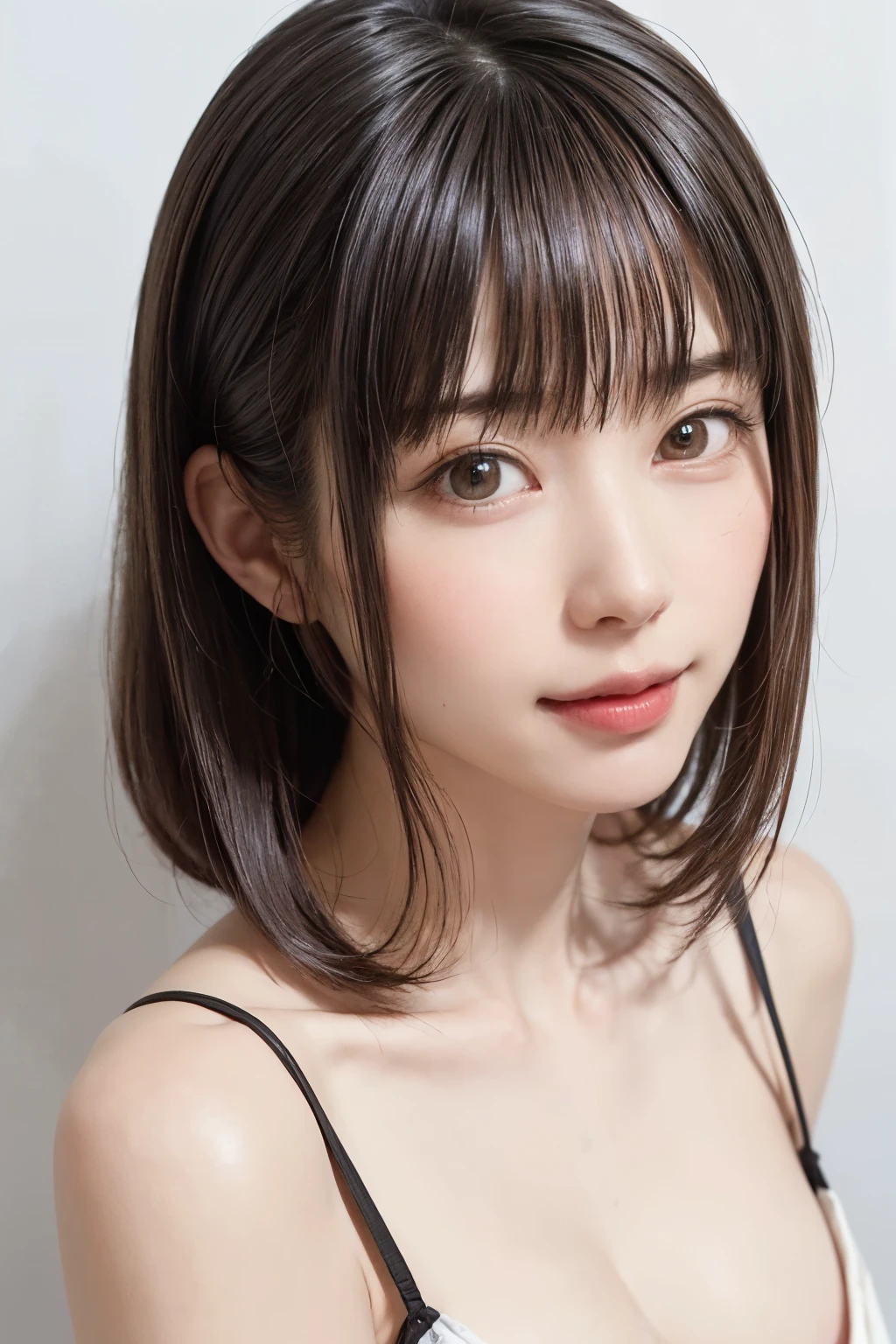 ((masterpiece, Highest quality, High resolution,Everything is beautifully detailed)), One Girl, (Realistic: 1.4), alone, White Background, snow-White Background, ((From above, A little above, look up at the viewer, look up, look up at the camera, Looking into the camera)), Mouth closed, Smile, Smile, Smile, Beautiful black hair, bangsのあるショートヘア,bangs, Big eyes, Transparent double eyelids, eyelash, Listen carefully, Long neck, Long neck, Absolute area, (Draw the whole head, shoulder), 19 years old, Attractive proportions, Perfect Anatomy,Shiny skin, Beautiful collarbone, Golden ratio face, Perfect Face, Tearful mole, Mole on chest, bangs, clean bangs, Lip gloss, Thin lips, Fair skin, naked, Big Breasts, Small face, Small face, Draw the whole head, draw all shoulder,{gigantic|big|huge|mega} breasts, cleavage
