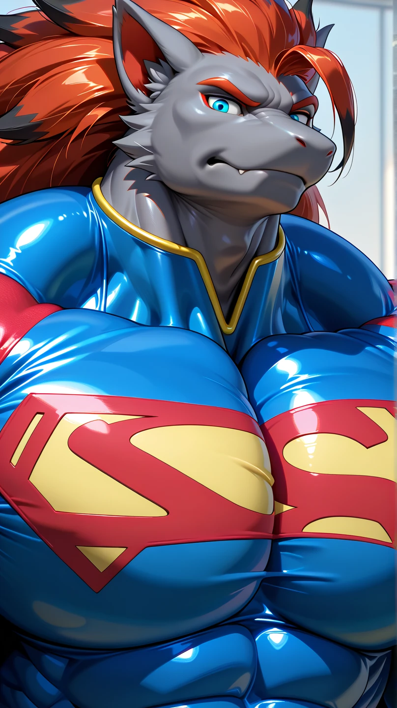 4k resolution solo, german shepherd, wearing blue bodysuit superhero Superman spandex costume, red speedo, red boots, red long cape, presenting his butt to viewer, by chunie