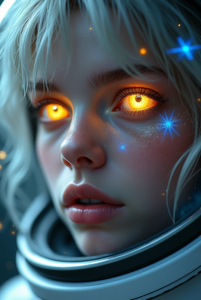 ( Masterpiece close-up :1.5)0.9]，( Space and astronauts :1.2) (Messy silver hair:1.1) ( Different yellow and blue eyes:1.2) ( Casque spatial :1.0) ( colorful stars in the eyes :1.0) ( Dazzling light :1.1) (Thick lip :0.9)