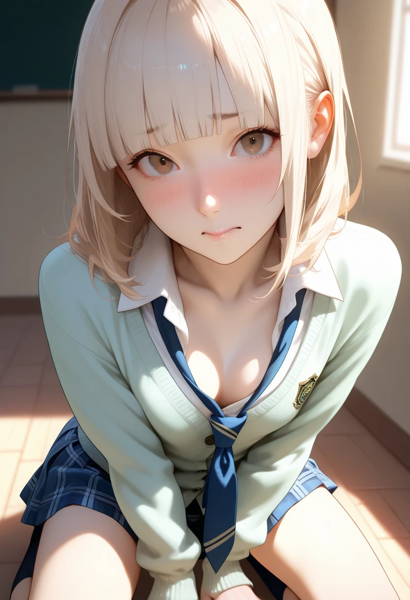 ((SFW、master piece、best quality、muste piece、highest quality、highest level、Highest image quality))、(1 baby girl)、solo、English Made、Ruffled headband、short bob cut、ruffle blouse、ribbon tie、apron、Long skirt、puff sleeves、white silk ankle sockrill、platinum blonde hair、Intense pale blue eyes、strong eye highlights、perfect anatomy、dynamic lighting、lip gloss、(Raw photo:1.2)、(Photoreal:1.4)、((Almost never look up、Look firmly at the camera、Take a photo from a little above with the camera))、Beautiful face with perfect symmetry、beautiful detailed woman、very detailedな目と顔、beautiful detailed eyes、smile at the audience、laughing very happily、Very smiling、beautiful teeth、beautiful teeth、Super detailed、very detailed、light on the face、((dynamic pose))、(camel toe)、(half)、(sitting with bent knees)、short hair、crossed bangs、asymmetrical bangs、short bob cut、stick out ears、eyelashes、Cute Hadow Fade、Shadow Fade:0.9、A little natural light coming in from the front、A little natural light coming in from both sides、Autumn nature background in the daytime:1.2、The face brightens a little