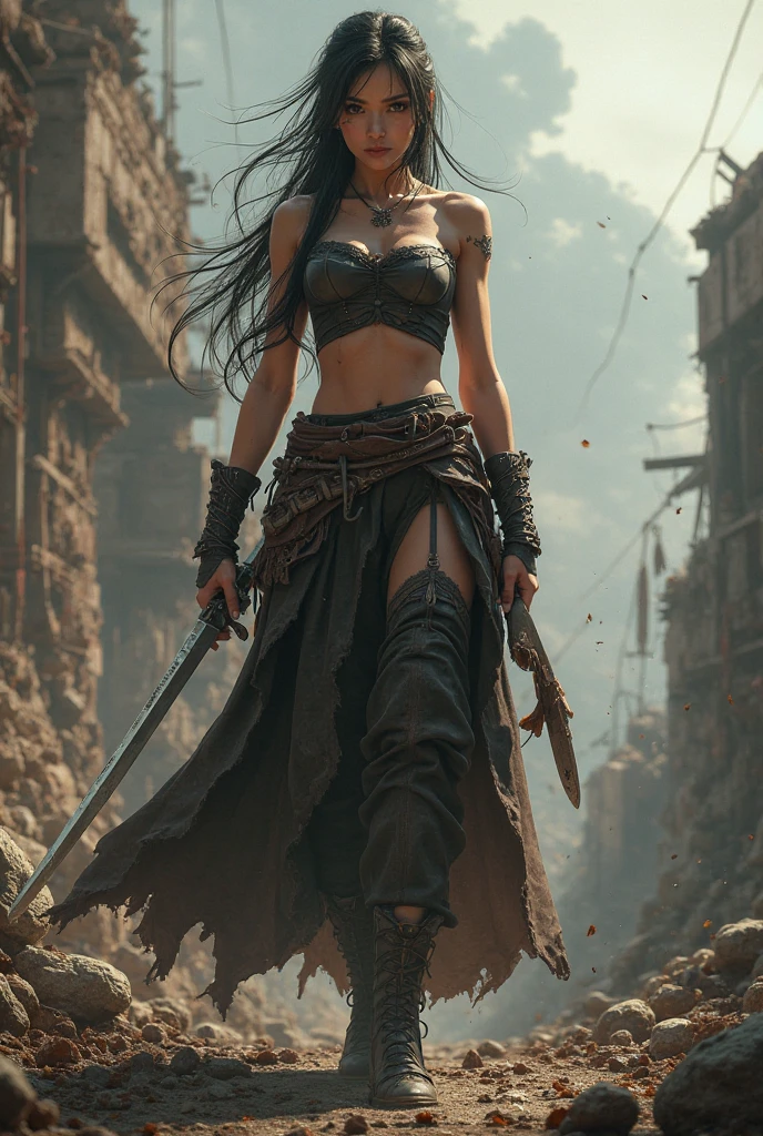 random view angle, skinny female cyborg, confidence, futuristic aerodynamic heavy mechanical arm, extremely long katana, extremely long voluminous hair, long scarf, crop tank, low-rise maxi skirts, strong directional wind, old abandoned overgrown ruins, 3d art, unreal engine