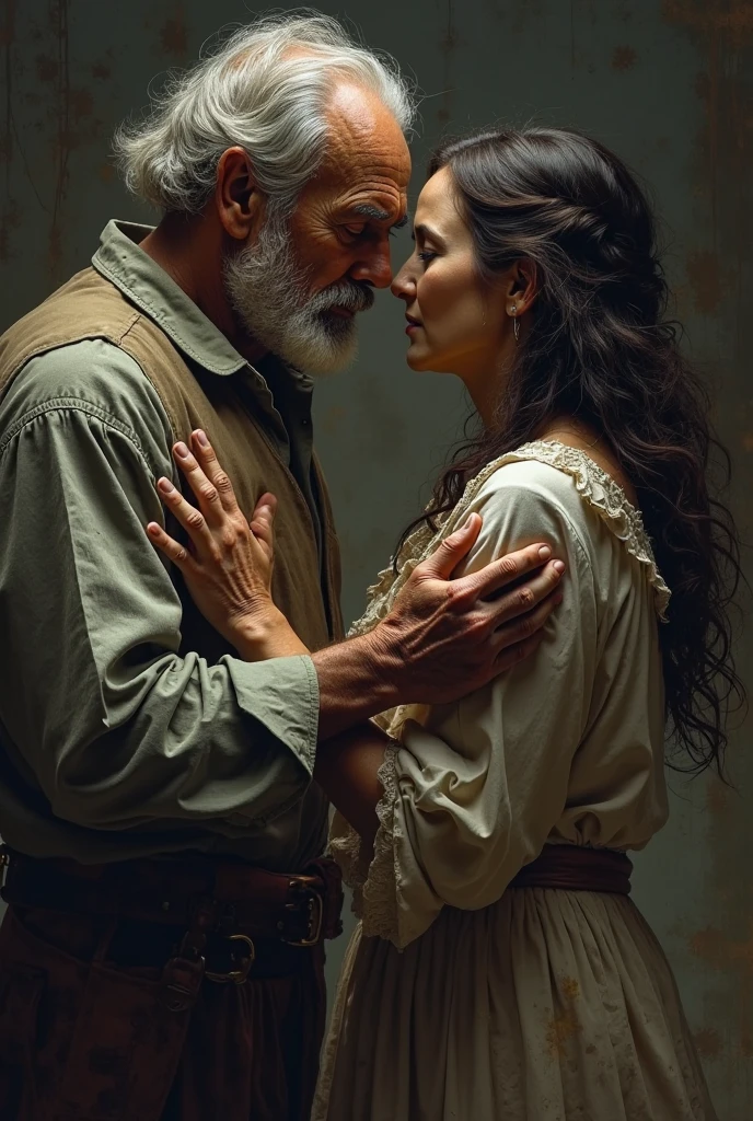Old Abraham embraced with His wife Sarah in the twentieth century.C , with clothes from that time,Biblical characters from the New Testament of the Bible,