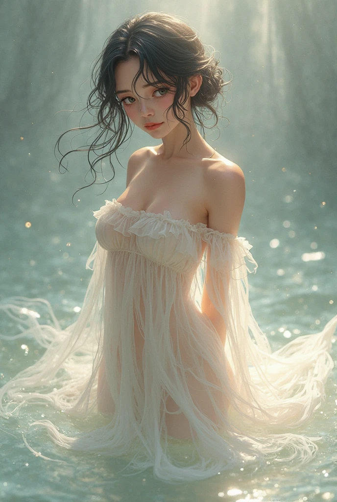 ((2 girls,beautiful woman sitting on rock in the middle of the sea)), lady goddess of the sea, surreal art, exhibition art, fantasy, ((sunset cloudy sky)), (sunset sunset with dark clouds)), ((slight drizzle)), ((lightning)), art by Michelangelo Buonarroti, Mikko Lagerstedt and Dan Mumford, realistic, highly detailed and intricate details, complex background, fog, sharp focus, dynamic pose, light,
very long black hair with shiny gold,
dimensional portal,
transparent silk clothing,
filigree, highly detailed face, dynamic lighting, perfect proportion, intricate clothing, clarity, high quality, sharp focus, safe, caucasian goddess,
transparent silk clothing,
beautiful breasts, naked lady,
very long black hair with shiny gold, golden flowers, ((huge full moon behind the lady)), celestial atmosphere, splash, dripping paint, spatula painting, swirling waves, abstract waves, lantern and lamp,, (((transparent clothing showing naked body,pussy,penis,man,porn,fuck,ahegao,drill))), large foamy waves, ((bubbles floating)), greek column, ((night sky with full moon)), ((sunset sky, storm and rain)), girl sitting in front, naked girl, well detailed eyes, beautiful eyes, braided hair, brown and black hair, wlop art, well detailed art,