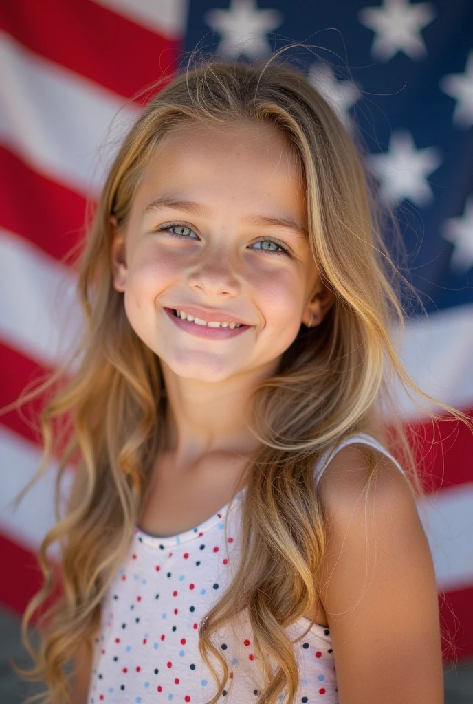 AMERICAN KIDS GIRL BLONDE, AMERICAN FLAG BACKGROUND