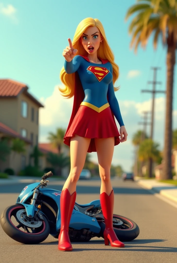 A cute woman (super heroine outfit, crazy matching hair, powers on display) heroic pose, street of new york, facing down a mob of mutant monsters