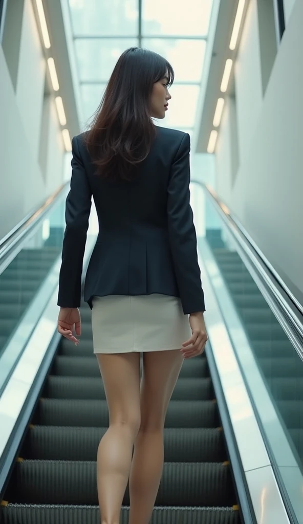 One japanese woman,slouch,Top Quality, Very High Resolution, (Realistic:1.4), (Exact Reproduction: 1.4), Huge Breasts, Facial Detail, Fine Eyes, Career Woman, pink Business Suit, mini Skirt, Heels, Standing, Skirt, 1Girl, escalator, Back view, Beautiful long legs, visible buttocks, Shot from below ,(((BIG ASS:1))),real pink pantyhose,