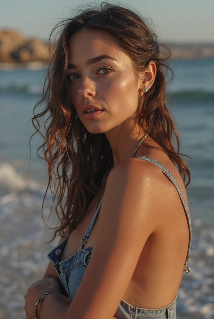 1 woman, cute, lips, long hair, looking at viewer, makeup, nose, realistic, solo, upper body, raw photo,studio_shot, 16k uhd, dslr, soft lighting, high quality, film grain. (Mujer hermosa pellirroja), de cabello largo ondulado, with small freckles on her cheeks and breasts, con vestido azul escotado, de (cabello largo ondulado) (rojo escarlata), perfecta, (ojos azules:1.2), with small freckles on her breasts,  VESTIDO amarillo, FOTO REALISTA, DE CUERPO COMPLETO, caminando en la playa con mucha gente y aves en el cielo de la playa.