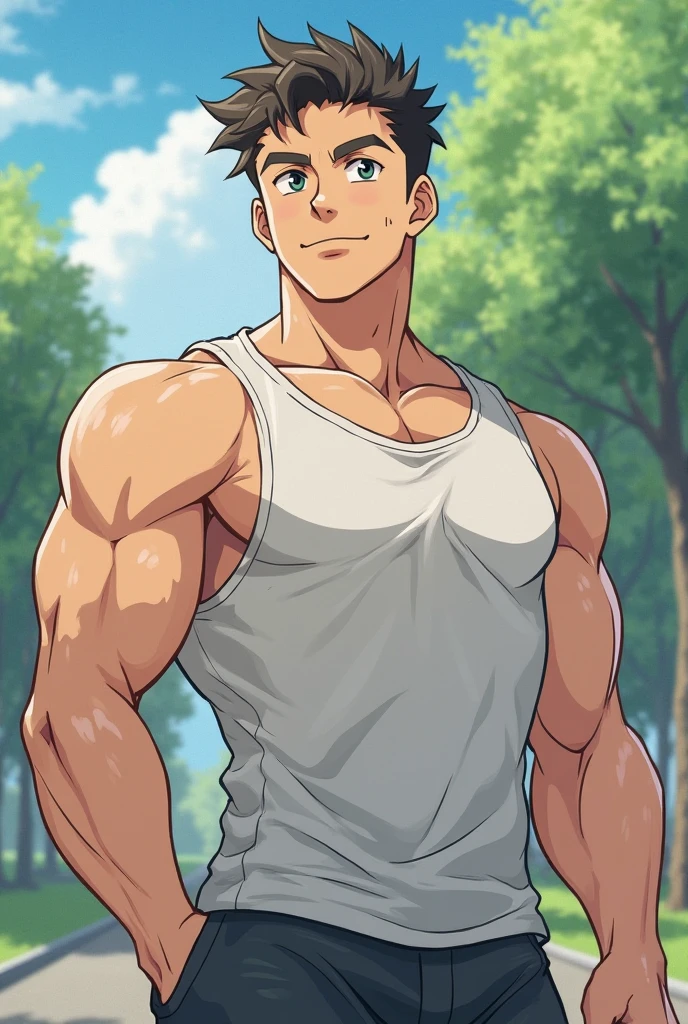 Roronoa Zoro semi naked in boxers blushing, embarrassed in a park