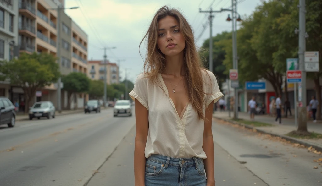 1 girl, naked, photo of a beautiful girl in a casual shirt, nude and low-slung , no shorts, no panties, hip gap, seam inside but,  nice ass, City street, messy medium hair, slender body, front view, Medium shot to the body, looking at the camera, sweet sensuality, shallow depth of field