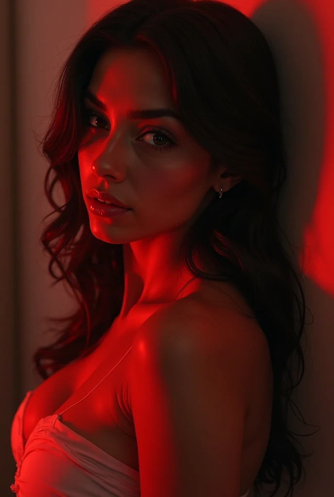 (masterpiece, best quality:1.3), (camera view) hyperrealism, sharp images, photorealistic, (Full body portrait), (highly detailed face:1.4), (highly detailed skin:1.4), (20 years old woman) (she has very black wavy hair) (breast size: 1.3), detailed hd beautiful dark green eyes, lips marked with red lipstick, flirtatious look, big light green eyes, bold black eye shadows, huge eyelashes, (there is a red light behind her) (she is completely naked in the frame of an open door, but as it is all dark and only the red light, no details of her body can be seen, only her outline (background, it is nighttime, warm red lights, bedroom:1)