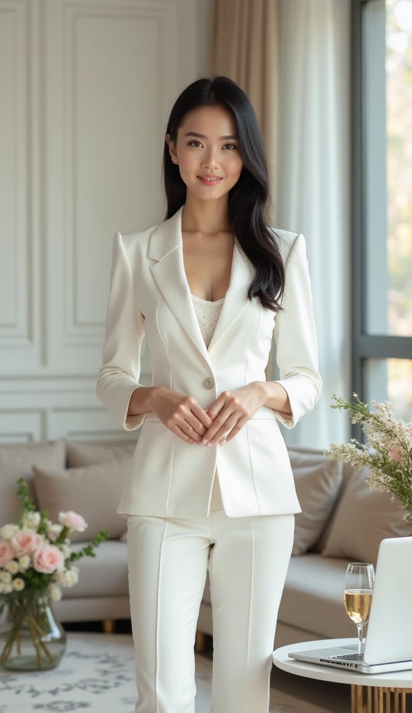 create an image of a beautiful girl tv presenter dressed elegantly in white clothes ready for a report or an interview standing and in the pose of a formal presenter. Elegant black and white blazer, luxurious and shiny silk, she also looks cute, happy and talking.. front view smiling ready to be interviewed in front of a camera.