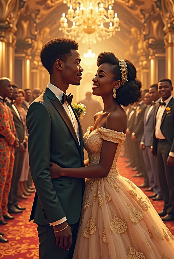 Fantasy, aftican american male and female elf, forward facing picture, formal clothes, ball room wear, magical, dark, elf couple