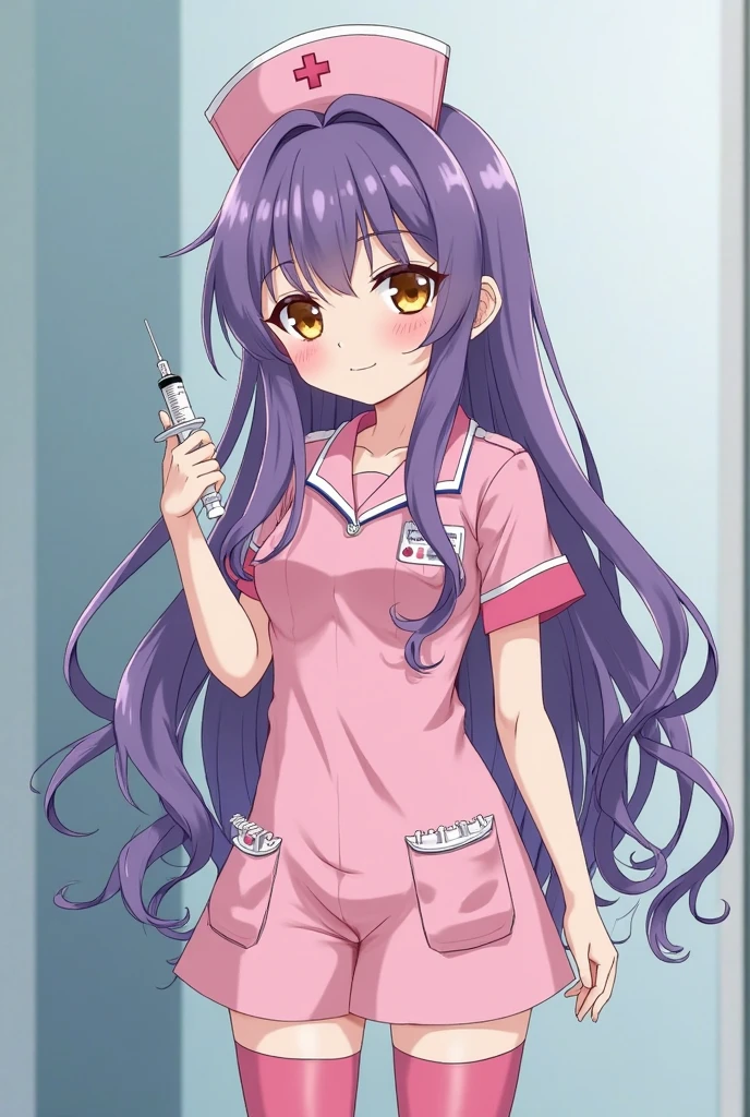 score_9, score_8_up, score_7_up, source_anime, cute, thigh up, 1girl, <lora:danganronpa2_tsumiki_ponyXL:1> tsumiki mikan, mole under eye, purple hair, pink shirt, puffy short sleeves, white apron, blue skirt, bandaged leg, bandaged arm, blue background
