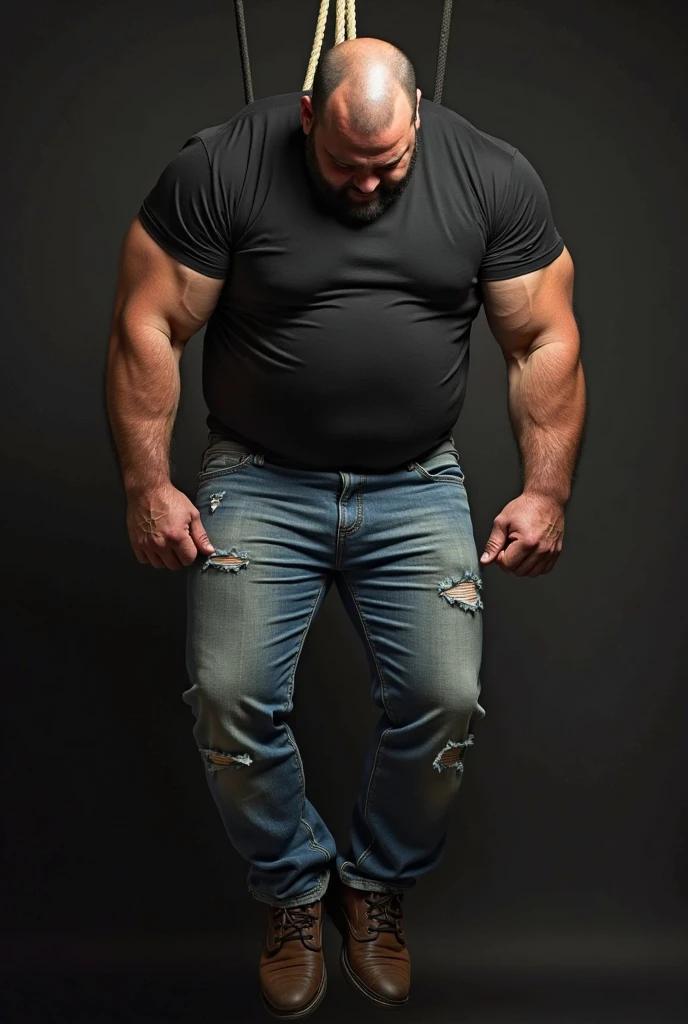 I want you to generate me a man who's bearded, shirtless, muscular fat and wearing shorts..