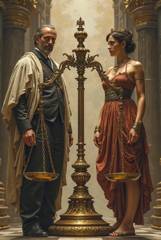 In a city escape background, a poor man and a woman are bound with chains, while a second man, holding a scale of justice in one hand, attempts to cut their chains with the other