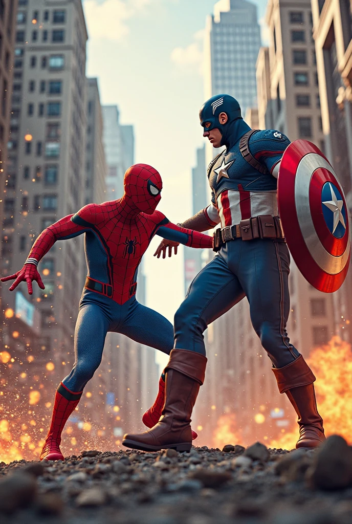 Naked captain america and not naked Spider-Man on a building 