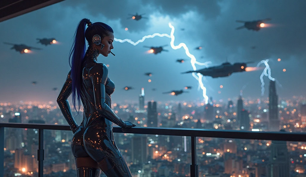 (Wide angle view). Matrix film inspired city, simple outlined neon tall buildings, glowing giant clock tower, lightning, close-up glowing matrix cascading code, 3D rendering Beeple. At night, (1girl, solo, alone), photorealistic, large-breast slim:0.6 body, oval:0.5 face, cleavage:1.1, miniskirt, deep-v, ((upskirt)), glove, (Matrix style black micro sunglasses), ((aiming viewer with a short gun)), (half-body thigh level close-up shot), cinematic lighting, ray tracing.