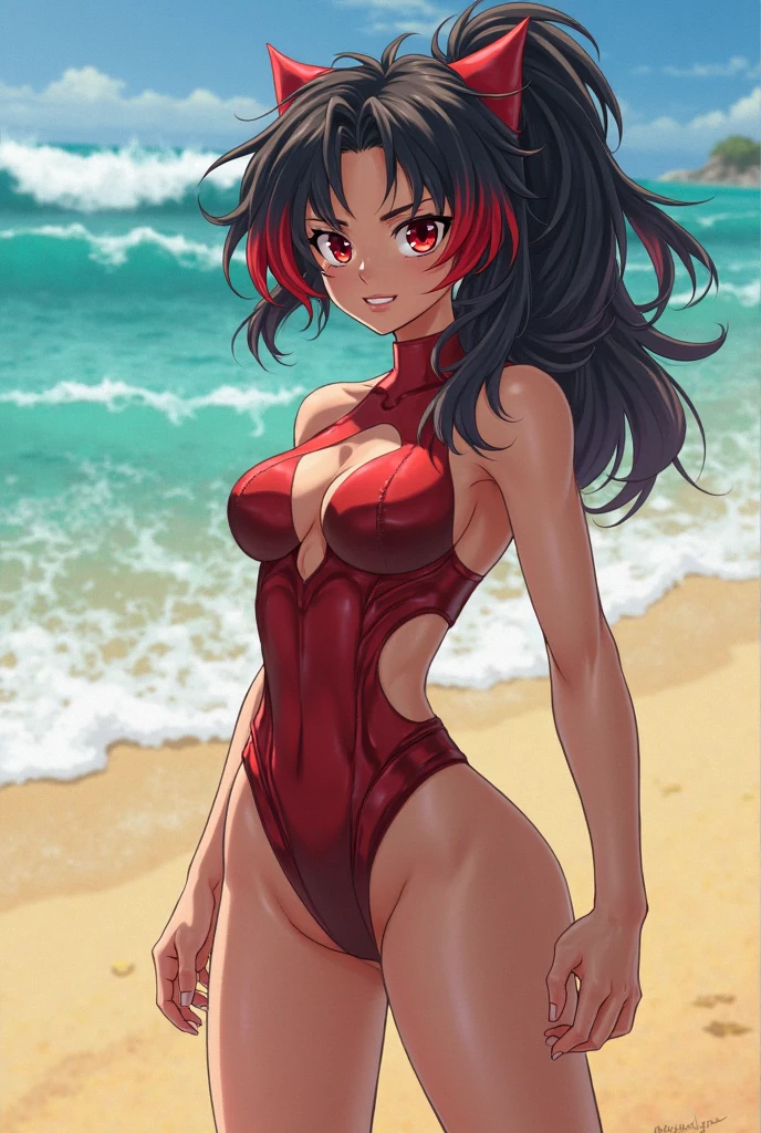 　　(((((Dark brown skin)))))) 　(((Shigure Ui)))　明日香,blue eyes　Ready your gun?　and　rifle　Black Hair　　Love juice 　Red leotard　Wet crotch　　 fighting stance
