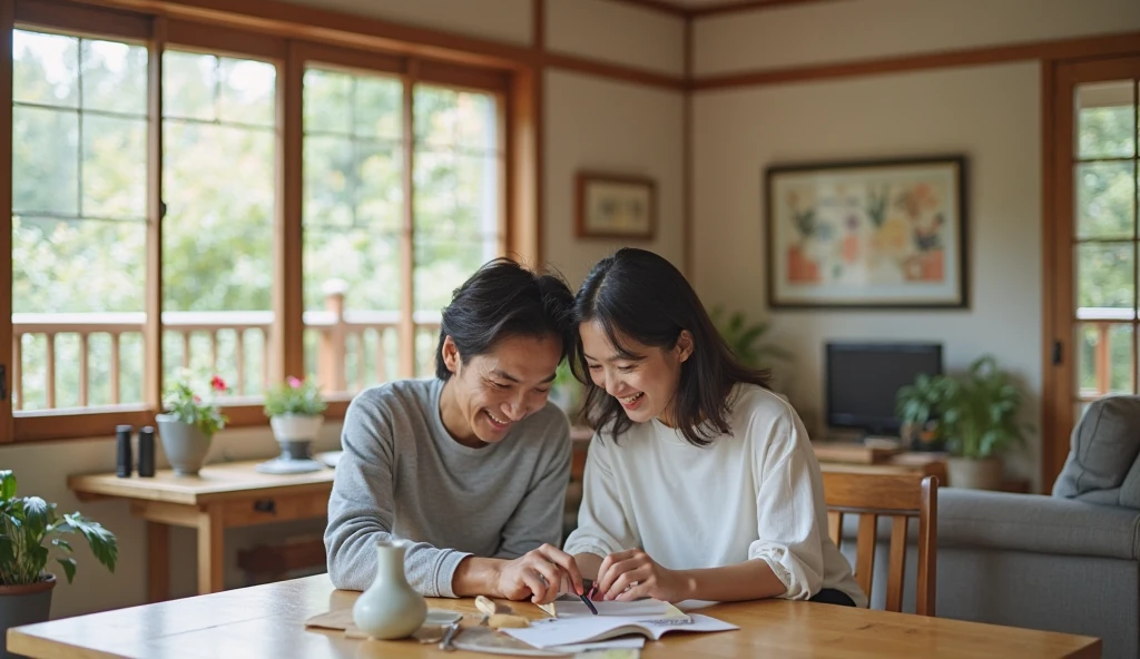 There is a man and a woman sitting at a desk, color photo, in a Japanese apartment, marketing photo, High resolution, Japanese, turn to the side, beginner, morning lighting, photo shoot, Photo taken with Nikon D750, Photo taken with nikon d 7 5 0, High resolution scan, High resolution scan