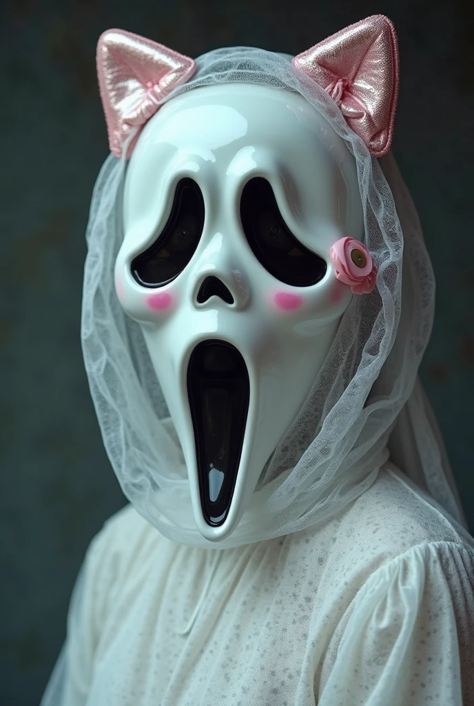 generate drawing of the killer from the horror movie "Scream" in his characteristic mask but in a pink, glittery outfit and a pink wig, the whole thing should be in delicate, pastel colors and painted with delicate lines, illustration, drawing
