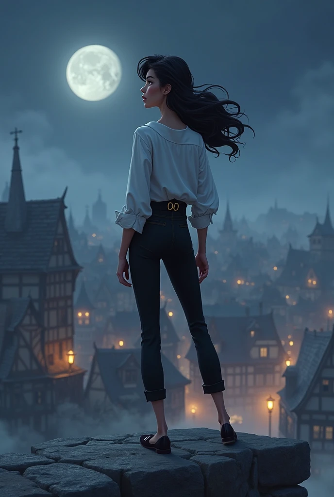 ((best quality)), ((masterpiece)), (detailed), A digital illustration of a tired girl wearing a plain white t-shirt and blue jeans with long black hair holding a glowing stick in a spooky town at night. The town is surrounded by mist and has a haunted mansion in the background.