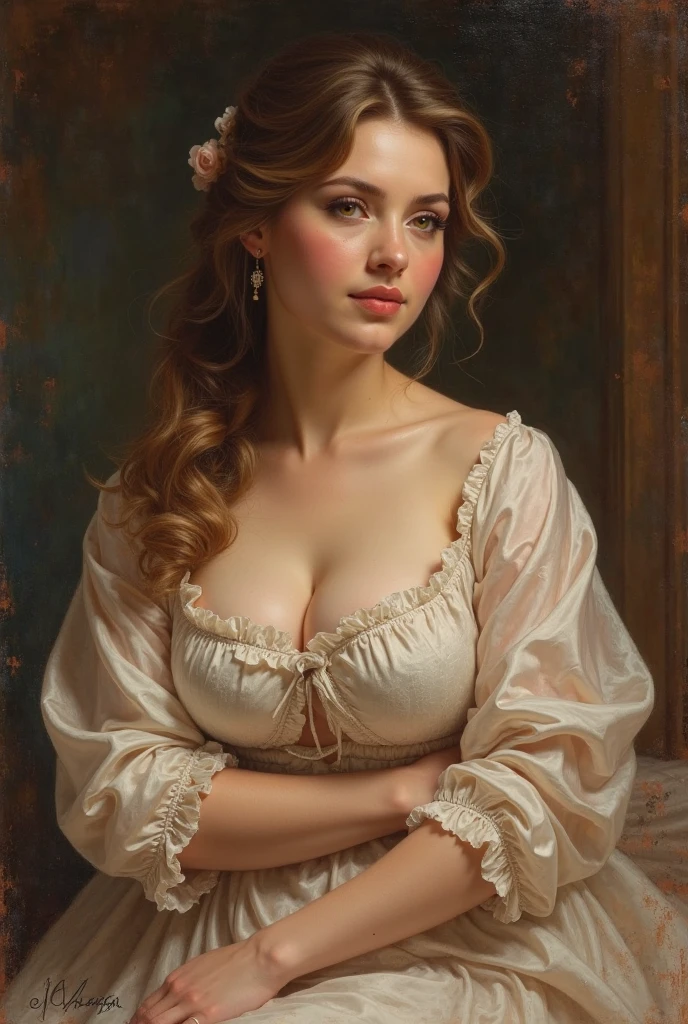 (masterpiece, best quality, ultra high res, beautiful detailed hair detailed face, perfect feminine face), a realistic detailed semirealism painting of a woman with a large breast wearing a white dress, guweiz, seductive anime girl, with a large breasts, artwork in the style of guweiz, beautiful alluring anime woman, with large breasts, guweiz masterpiece, hyperrealistic schoolgirl, big breasts, (huge cleavage:1.2), small curvy loli, sfw huge breasts, hyper realistic anime, really large bust, by alphonse mucha and william-adolphe bouguereau and greg rutkowski and sakimichan and george kamitani, WLOP, Aztodio, Taejune Kim, Pixiv, Instagram, Artstation, sharp focus