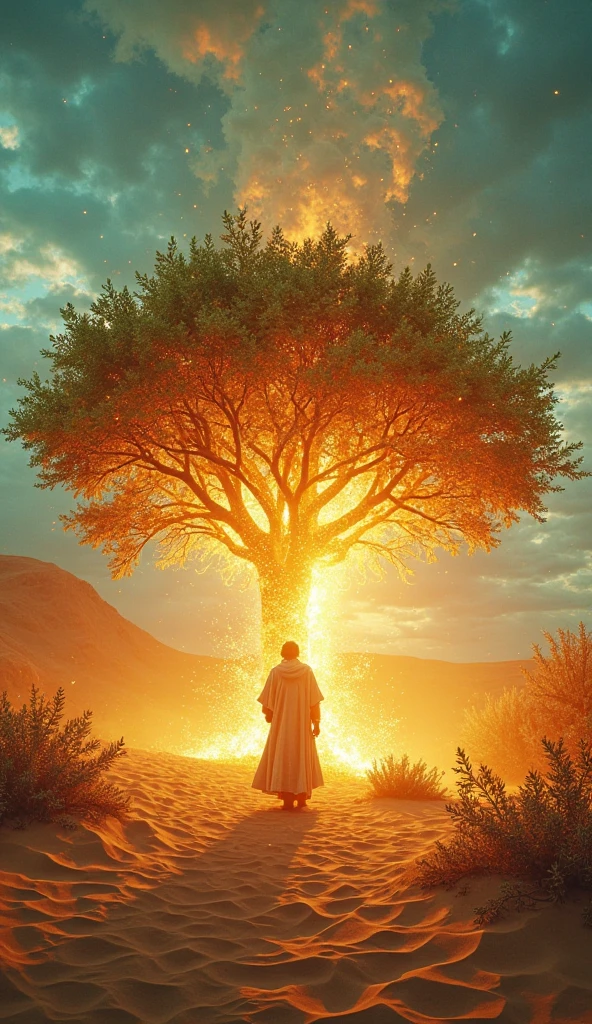The magical green tree erupts into golden and orange flames, radiating blinding light and magical sparks. The greedy man backs away in fear, shielding his eyes. The fire reflects off the golden desert sand and lights up the surrounding green trees. The blue sky remains visible, with swirling white clouds absorbing a warm orange hue. Shadows become stronger, and the light pulses through the scene. 4K Ultra HD, epic magical fire, dramatic lighting, cinematic wide shot